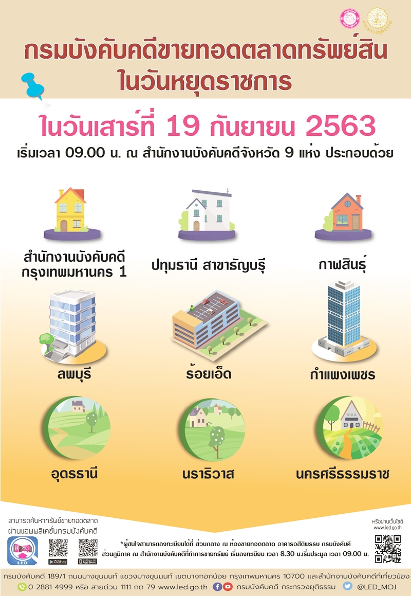 ﻿กรมบังคับคดีจัดขายทอดตลาดทรัพย์สินในวันหยุดราชการ วันเสาร์ที่ 19 กันยายน 2563